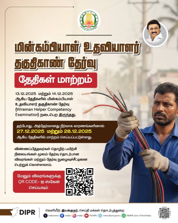 மின்கம்பியாள், உதவியாளா் தகுதிகாண தோ்வு நாள் மாற்றம்: ஆட்சியர் தகவல்!