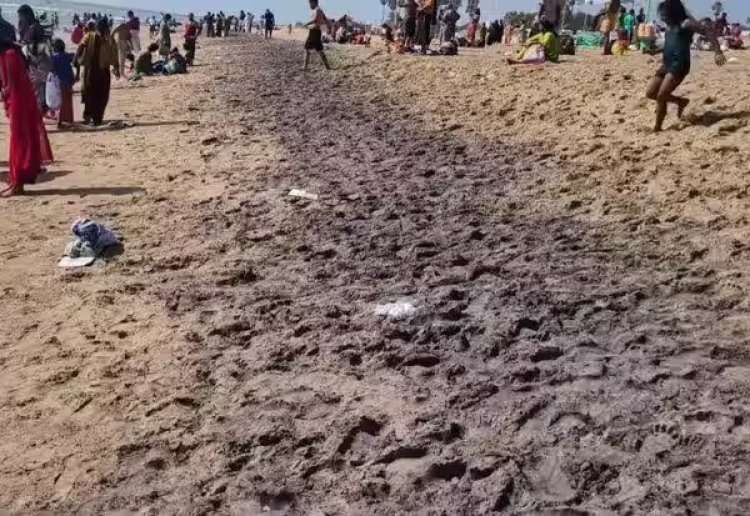 திருச்செந்தூர் கோவில் முன்புள்ள கடற்கரையில் கருப்பு நிற மணல் – பக்தர்கள் அதிர்ச்சி | அணுமின் நிலைய சோதனை ஓட்டம் காரணமா?