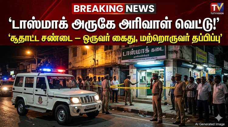 தூத்துக்குடி டாஸ்மாக் அருகே அரிவாள் வெட்டு கொடூரம்: சூதாட்ட சண்டையில் இரத்த வெள்ளம் – ஒருவர் கைது, இன்னொருவர் தப்பிப்பு