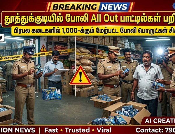 தூத்துக்குடியில் அதிரடி ரெய்டு..! பிரபல கடைகளில் 1,000-க்கும் மேற்பட்ட போலி ‘All Out’ கொசு விரட்டி பாட்டில்கள் பறிமுதல் – பொதுமக்கள் அதிர்ச்சி!