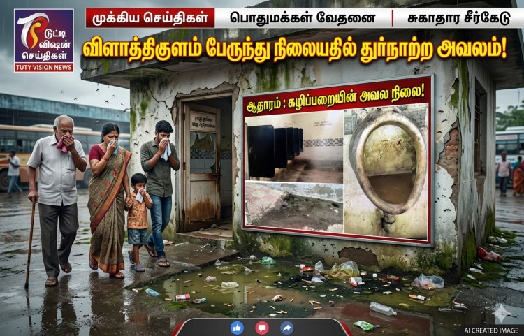விளாத்திகுளம் பேருந்து நிலையத்தில் துர்நாற்ற அவலம்... பராமரிப்பின்றி சீரழியும் நவீன கழிப்பிடம் – நோய் பரவும் அபாயம் என பொதுமக்கள் வேதனை