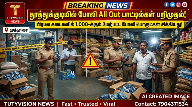தூத்துக்குடியில் அதிரடி ரெய்டு..! பிரபல கடைகளில் 1,000-க்கும் மேற்பட்ட போலி ‘All Out’ கொசு விரட்டி பாட்டில்கள் பறிமுதல் – பொதுமக்கள் அதிர்ச்சி!