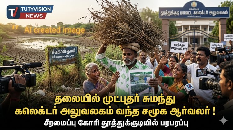 தூத்துக்குடியில் தலையில் முட்புதர் சுமந்து கலெக்டர் அலுவலகம் வந்த சமூக ஆர்வலர்... சி வா குளம் சீரமைக்க கோரிக்கை!