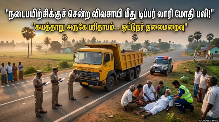 அதிகாலை நடைபயிற்சி சென்ற விவசாயி மீது டிப்பர் லாரி பாய்ந்தது... 3 மகள்களின் தந்தை பலி! ஓட்டுநர் தலைமறைவு!