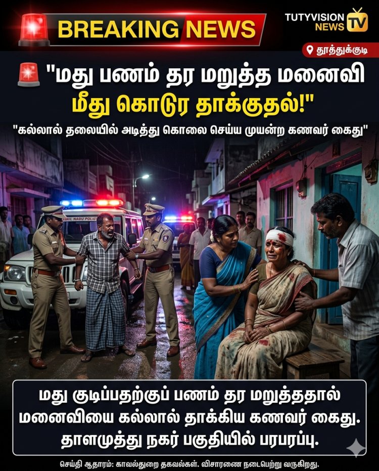 மது பணம் தர மறுத்த மனைவி மீது கொடூர தாக்குதல்...கல்லால் தலையில் அடித்து கொலை செய்ய முயன்ற கணவர் கைது – தூத்துக்குடியில் அதிர்ச்சி சம்பவம்