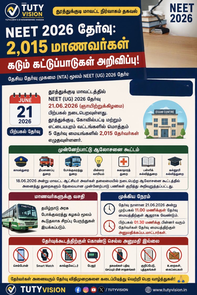 தூத்துக்குடியில் NEET 2026 தேர்வு: 2,015 மாணவர்கள் எழுத தயாராகினர் – தேர்வு நாளில் கடும் கட்டுப்பாடுகள்!