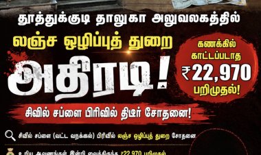 தூத்துக்குடி தாலுகா அலுவலகத்தில் லஞ்ச ஒழிப்புத் துறை அதிரடி! கணக்கில் காட்டப்படாத ரூ.22,970 பறிமுதல்... அதிகாரிகளிடம் தீவிர விசாரணை!