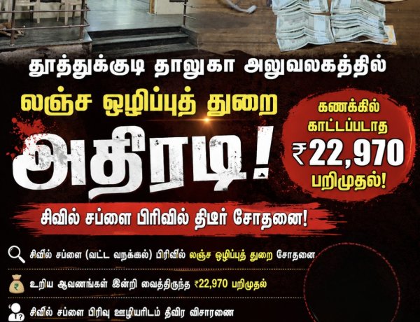 தூத்துக்குடி தாலுகா அலுவலகத்தில் லஞ்ச ஒழிப்புத் துறை அதிரடி! கணக்கில் காட்டப்படாத ரூ.22,970 பறிமுதல்... அதிகாரிகளிடம் தீவிர விசாரணை!
