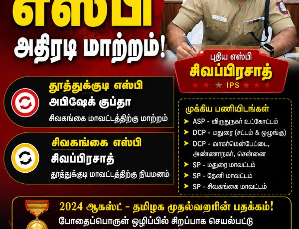 தூத்துக்குடி மாவட்ட எஸ்பி அதிரடி மாற்றம்... புதிய எஸ்பியாக சிவப்பிரசாத் நியமனம்!