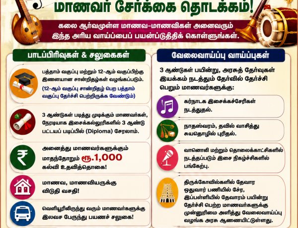 தூத்துக்குடி அரசு இசைப்பள்ளியில் மாணவர் சேர்க்கை தொடக்கம் – மாதம் ரூ.1,000 உதவித்தொகை, விடுதி வசதி, வேலைவாய்ப்பு முன்னுரிமை!