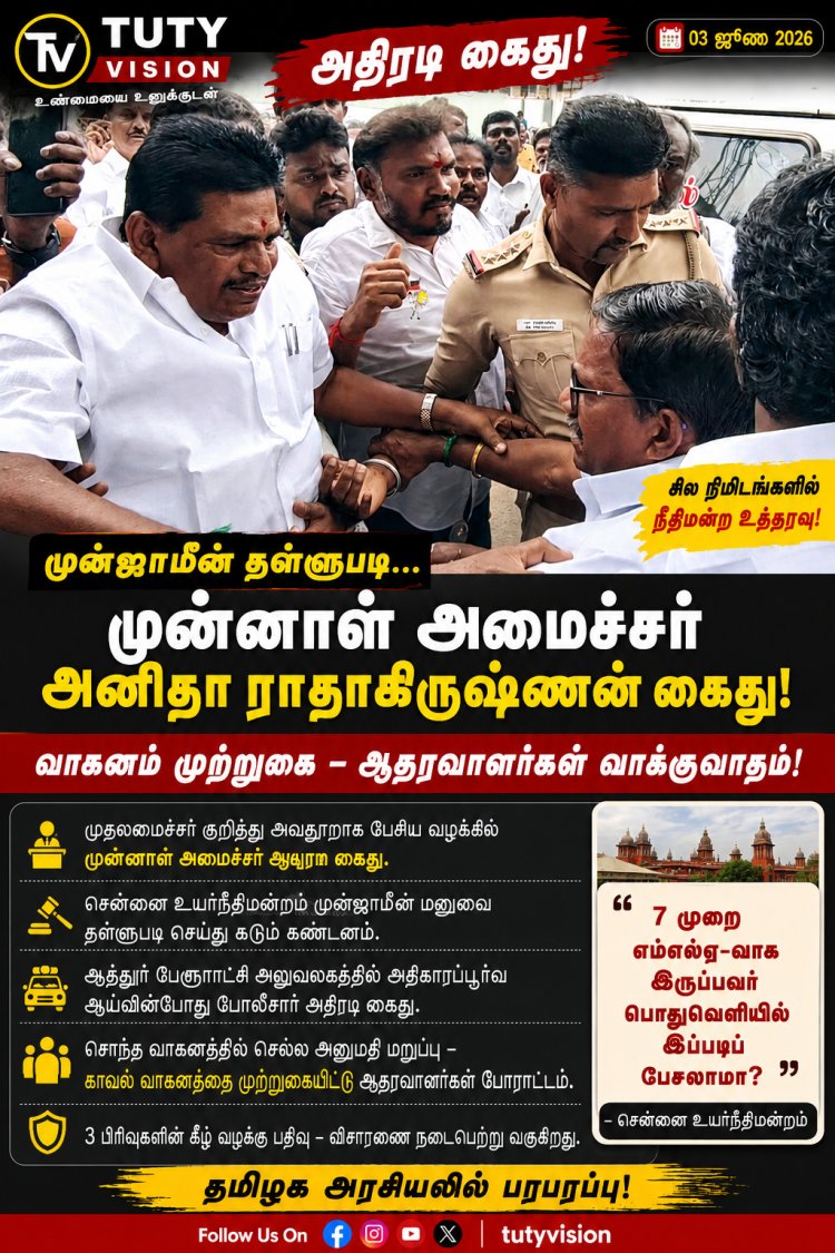 முன்ஜாமீன் தள்ளுபடி... சில நிமிடங்களில் அதிரடி கைது! முன்னாள் அமைச்சர் அனிதா ராதாகிருஷ்ணன் கைது – ஆதரவாளர்கள் போலீஸ் வாகனத்தை முற்றுகையிட்டதால் பரபரப்பு!