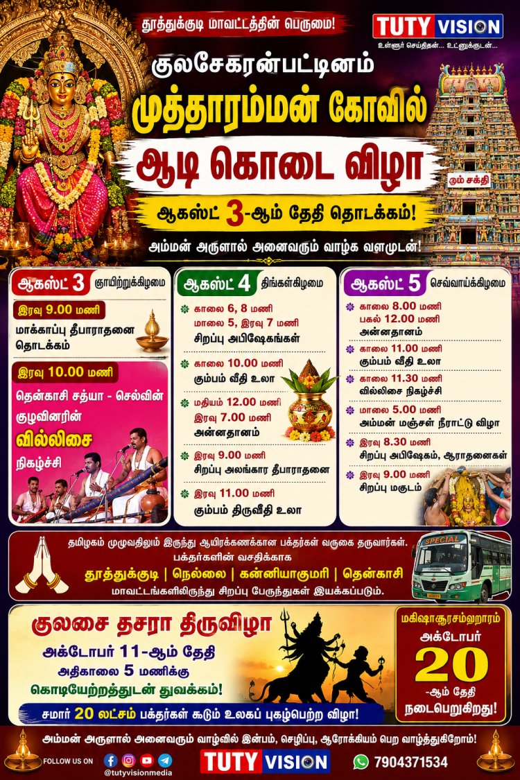 குலசேகரன்பட்டினம் முத்தாரம்மன் கோவிலில் ஆடி கொடை விழா ஆகஸ்ட் 3-ஆம் தேதி தொடக்கம் – தசரா விழா அக்டோபர் 11-ஆம் தேதி கொடியேற்றத்துடன் ஆரம்பம்