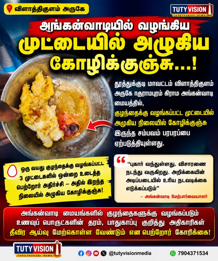 விளாத்திகுளம் அருகே அங்கன்வாடி முட்டையில் அழுகிய கோழிக்குஞ்சு...! பெற்றோர் அதிர்ச்சி
