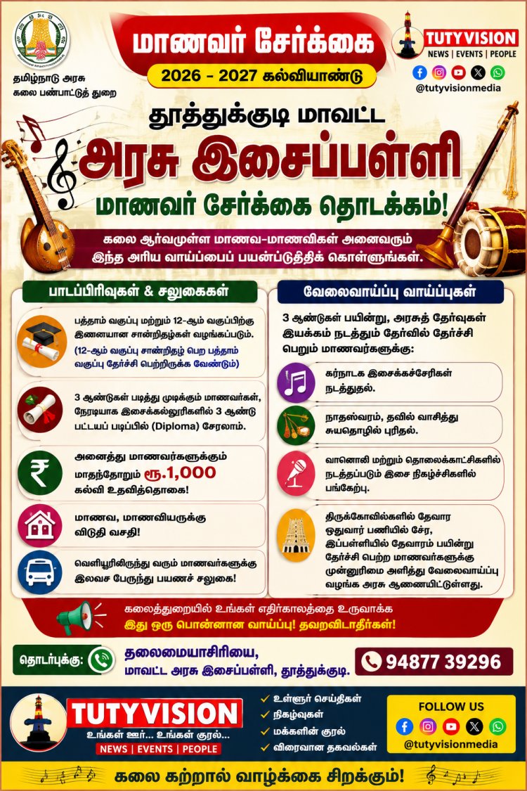 தூத்துக்குடி அரசு இசைப்பள்ளியில் மாணவர் சேர்க்கை தொடக்கம் – மாதம் ரூ.1,000 உதவித்தொகை, விடுதி வசதி, வேலைவாய்ப்பு முன்னுரிமை!
