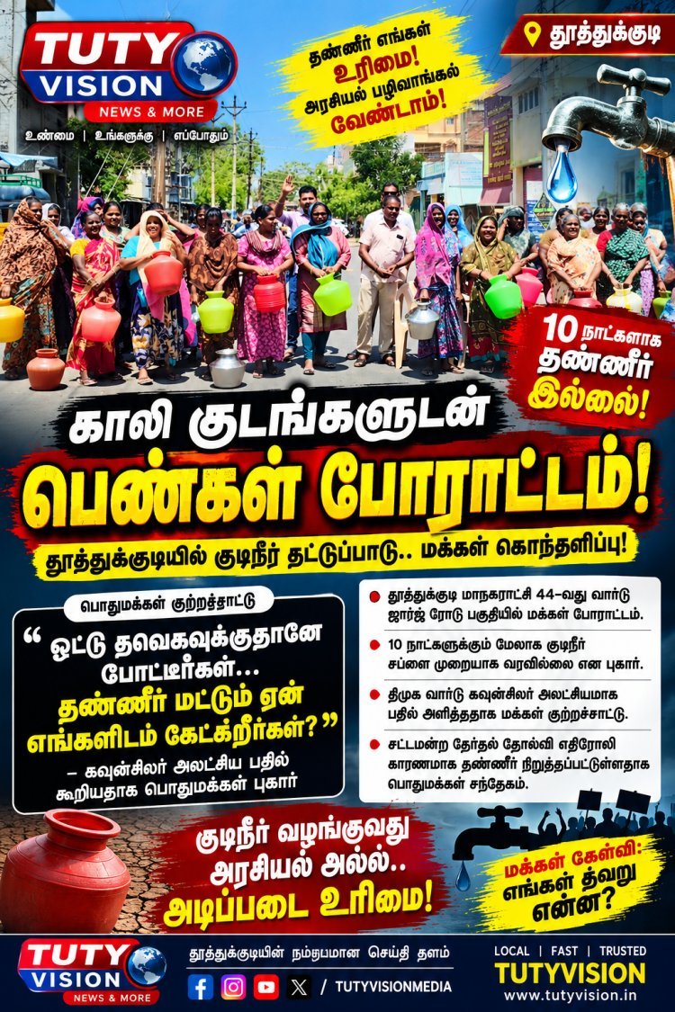 “தவெக-விற்கு ஓட்டு போட்டீங்களே... தண்ணீர் மட்டும் ஏன் கேட்கிறீர்கள்?” – தூத்துக்குடியில் குடிநீர் கேட்டு காலி குடங்களுடன் நடுரோட்டில் பெண்கள் போராட்டம்!