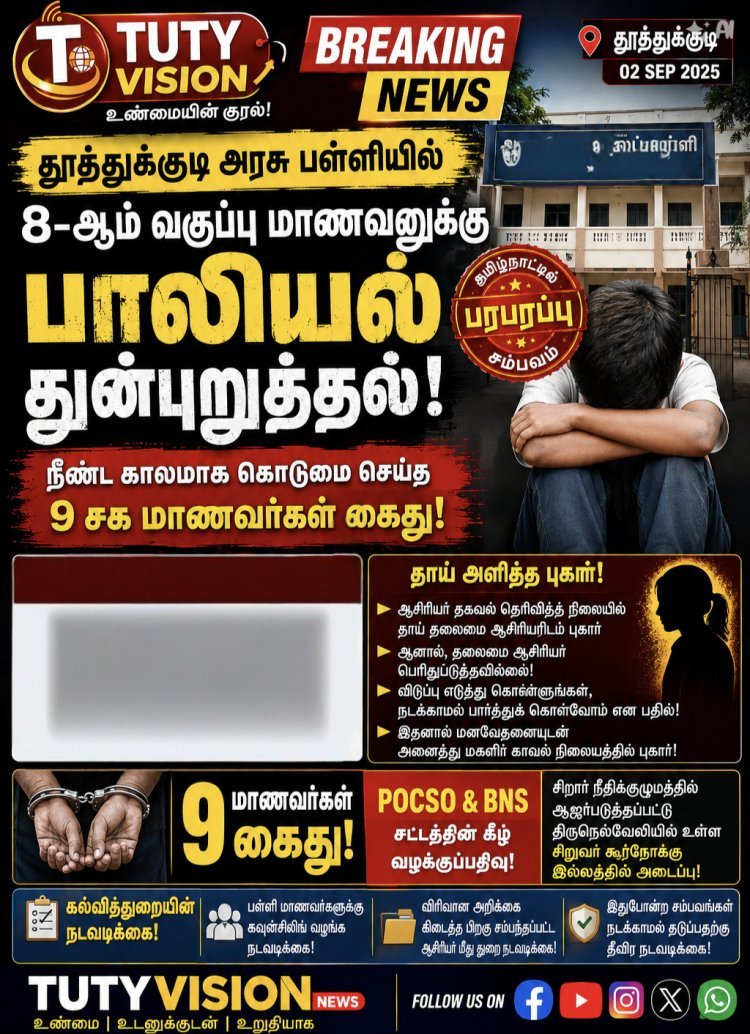 தூத்துக்குடி அரசு பள்ளியில் 8-ஆம் வகுப்பு மாணவனுக்கு பாலியல் துன்புறுத்தல்: 9 சக மாணவர்கள் கைது!