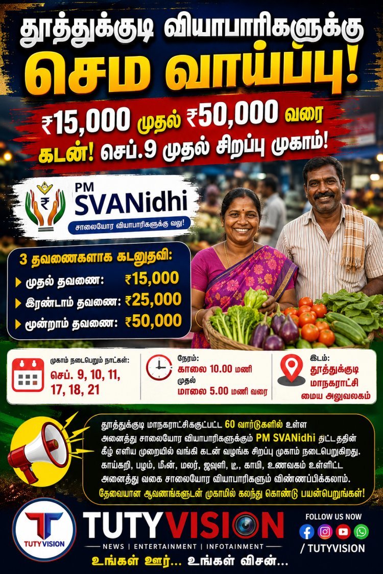 தூத்துக்குடி சாலையோர வியாபாரிகளுக்கு சூப்பர் வாய்ப்பு! ₹15,000 முதல் ₹50,000 வரை கடன் – செப்.9 முதல் சிறப்பு முகாம்!